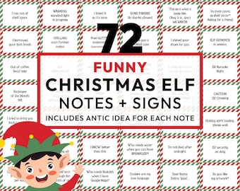 Pacote de cartões de elfo de Natal | 72 ideias engraçadas de elfos para imprimir, adereços fotográficos, bilhetes de elfos, placas de kit de elfos, ideias de travessuras. DOWNLOAD INSTANTÂNEO C10