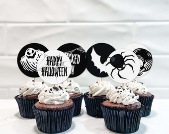 ハロウィンカップケーキトッパー印刷可能 | ハッピーハロウィン不気味なヴィンテージケーキデコレーション、邪悪な誕生日のお菓子クッキーギフトタグ即時ダウンロード H06