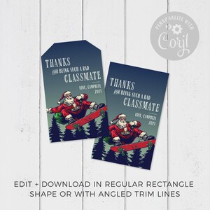 Christmas Gift Tag, Skateboarding Cool Santa editable printable | Friend, classmate or student custom thank you tag favor, DIY template C05 image 2