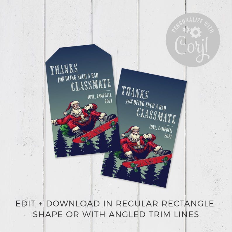 Christmas Gift Tag, Skateboarding Cool Santa editable printable | Friend, classmate or student custom thank you tag favor, DIY template C05 image 2