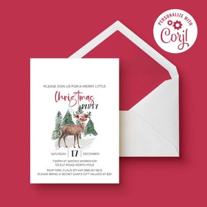 Christmas Party Invitation, Watercolor Forest Deer editable printable | Vintage farmhouse style instant download, DIY invite template C02 image 2