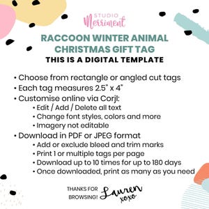 Christmas Gift Tag Printable Raccoon editable instant download | Cute animal favor school friend classmate teacher | Custom DIY template W01 image 4