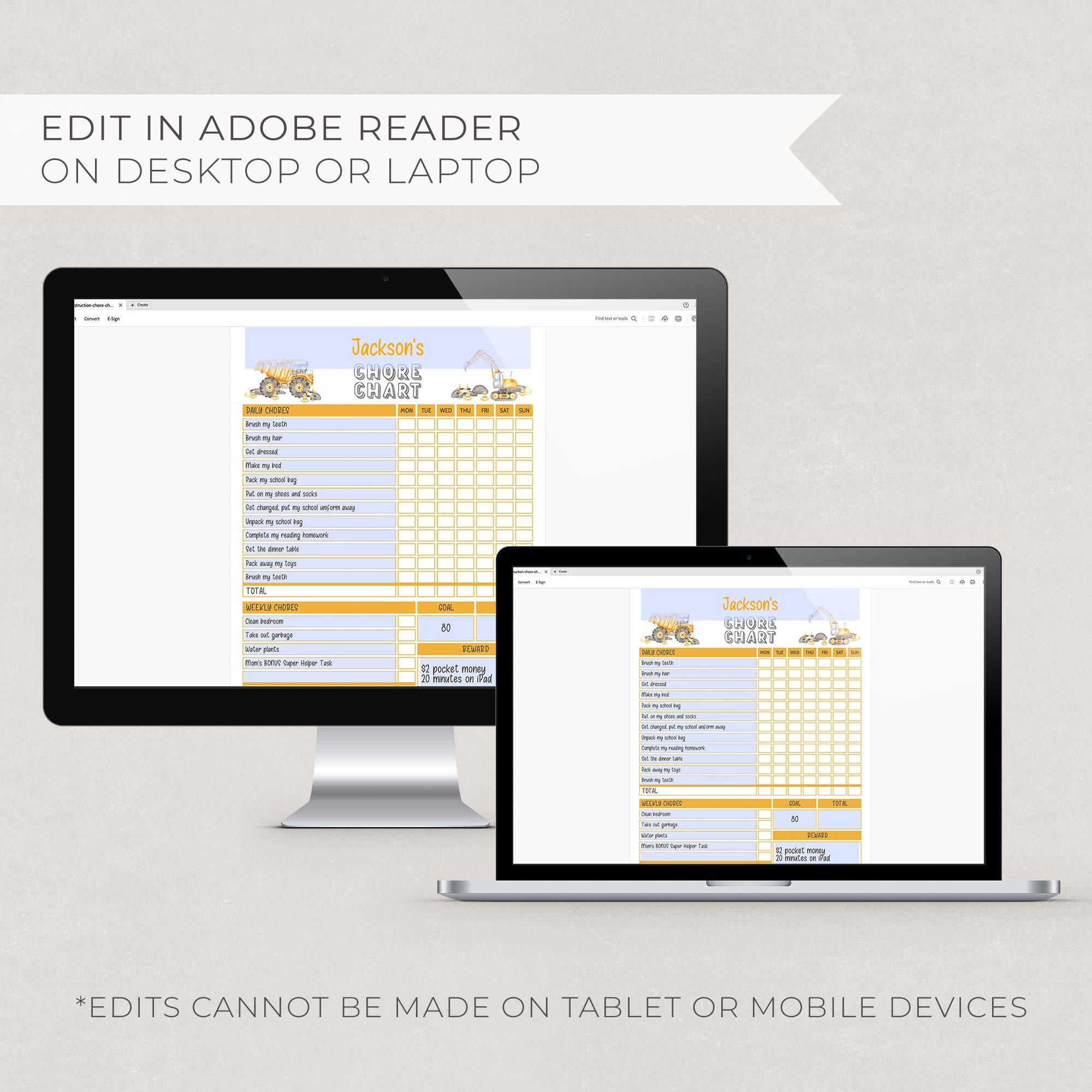Construction Editable Chart Bundle for Kids, Daily Schedule + Chore ...