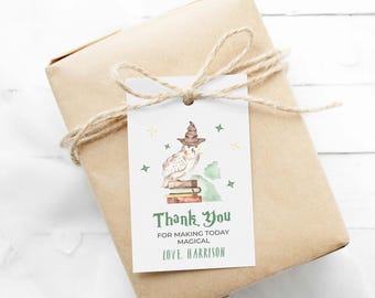 Witch + Wizard Favor Tag, owl editable printable | Magic Birthday custom thank you card, magician party DIY template, instant download W02