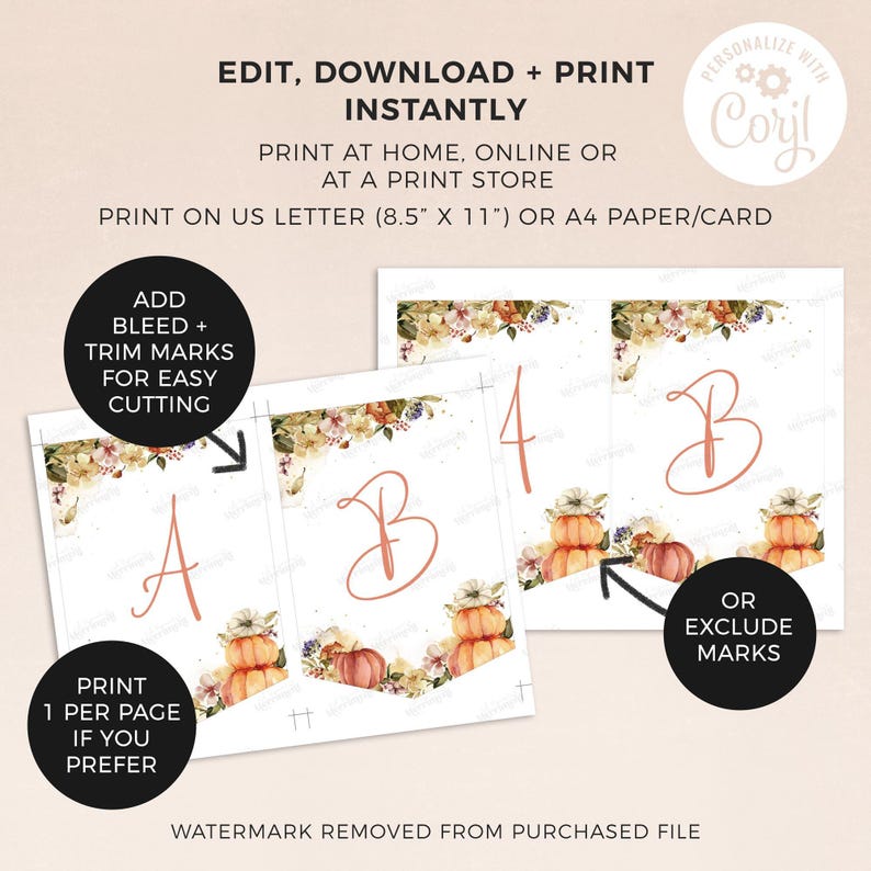 Fall Party Banner, editable template | Pumpkin Autumn flowers, custom printable sign | Gold Thanksgiving flag bunting INSTANT DOWNLOAD F02 image 4