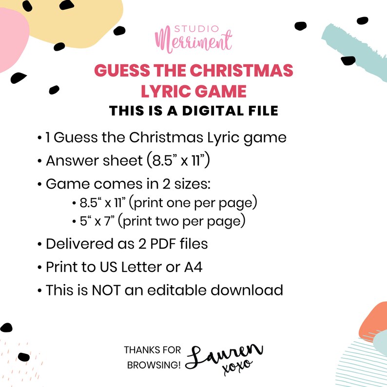 Guess the Christmas Lyric printable game Kids, adult, family music quiz Office, party, classroom song activity instant download G02 image 4