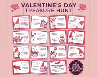 Búsqueda del tesoro de San Valentín, pistas para niños, adolescentes o adultos / Juego de fiesta de San Valentín con temática de gnomos, etiquetas de regalo imprimibles V01