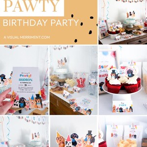 May include: A dog-themed birthday party with decorations, cupcakes, and a cake with dog toppers. The invitation says "It's pawty time! Hudson is turning six."