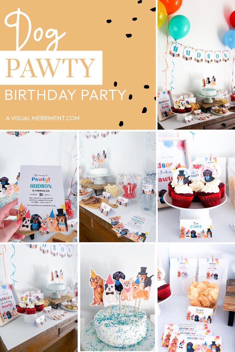 May include: A dog-themed birthday party with decorations, cupcakes, and a cake with dog toppers. The invitation says "It's pawty time! Hudson is turning six."