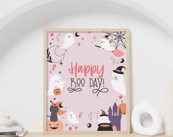 Letrero imprimible de fantasma rosa para fiesta de Halloween, decoración de mesa de cumpleaños de Halloween para niñas, letrero de bienvenida para el día de Halloween DESCARGA INSTANTÁNEA H04