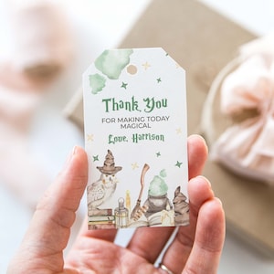 Etiqueta de regalo de bruja + mago editable e imprimible / Tarjeta de agradecimiento personalizada de cumpleaños con hechizos mágicos, plantilla de bricolaje para fiesta de magos, descarga instantánea W02