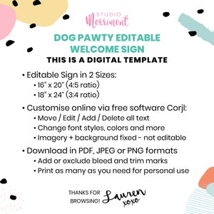 Large Lets Pawty Editable Birthday Welcome Sign Puppy dog printable decor for boy's or girl's party Poster template instant download D02 image 3