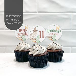 Bewerkbare sjabloon voor tovenaar cupcake toppers | Magische school verjaardagsfeest thema, uil bliksem gepersonaliseerde taartdecoratie Direct downloaden W02 afbeelding 1