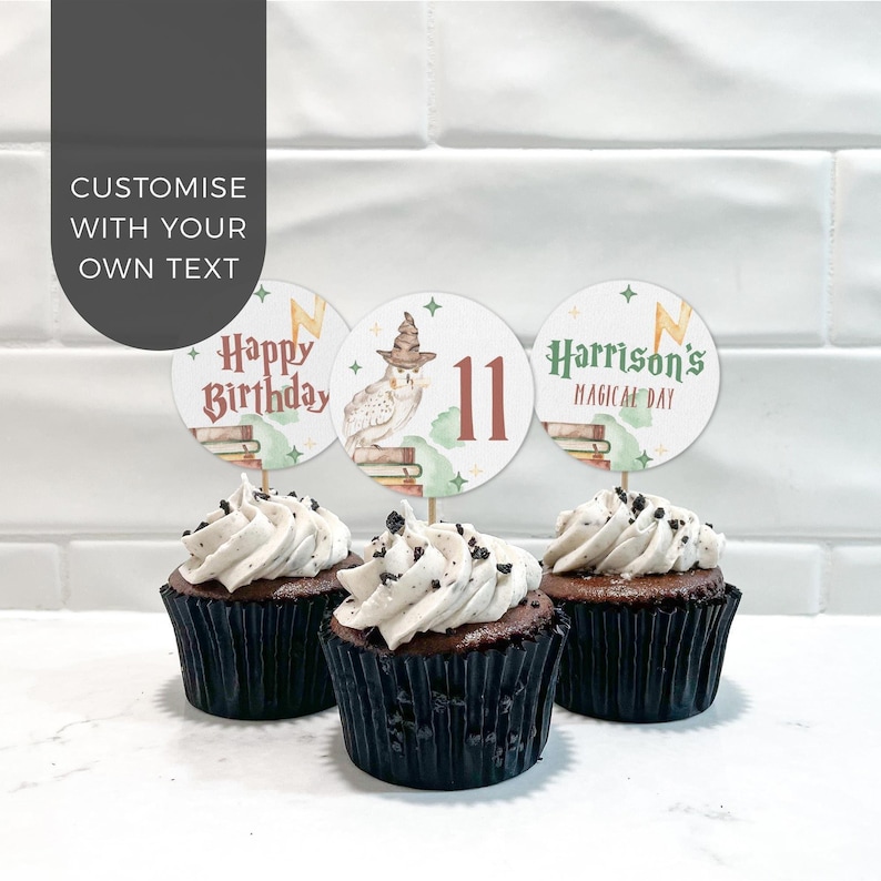 Bewerkbare sjabloon voor tovenaar cupcake toppers | Magische school verjaardagsfeest thema, uil bliksem gepersonaliseerde taartdecoratie Direct downloaden W02 afbeelding 1
