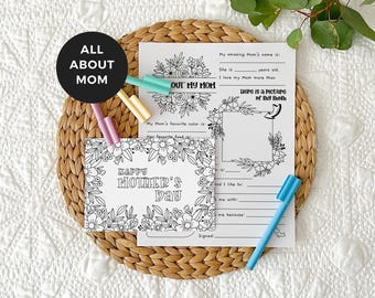 Printable Coloring Mother's Day Card + All About Mom bundle | Happy Mothers Day gift, DIY kids classroom activity, INSTANT DOWNLOAD M01