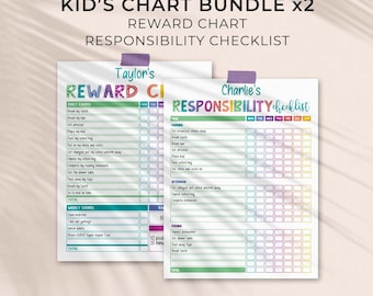 Rainbow Editable Chart Bundle for Kids, Reward Chart + Responsibility Checklist | Printable Daily + Weekly routine INSTANT DOWNLOAD C01