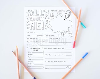 Hoja de trabajo imprimible "Todo sobre mí" / Actividad de escritura para niños para la vuelta al cole, plantilla de cuestionario para actividades en el aula DESCARGA INSTANTÁNEA B02