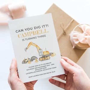 Digger Invitation Boys Construction Birthday Party Theme Excavator editable printable instant download, DIY watercolor party invite C03 image 2