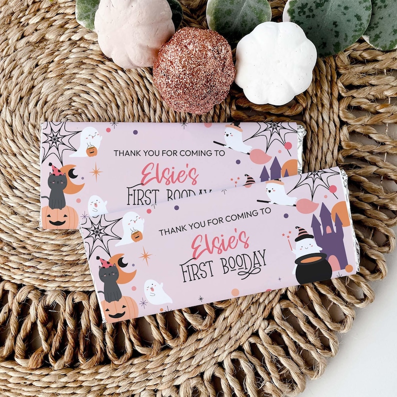 Halloween Candy Bar Wrapper, trick or treat editable printable | Pink ghost girl's Birthday chocolate wrap favor DIY INSTANT DOWNLOAD H04 image 1