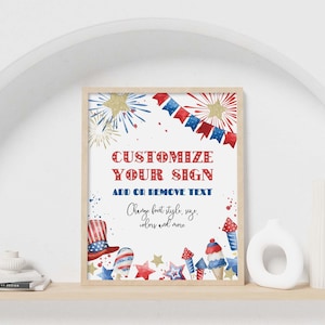 Editable 4th of July Party Sign printable template | Independence Day patriotic fireworks 8 x10 custom table decor, DIY Instant Download A01 image 1