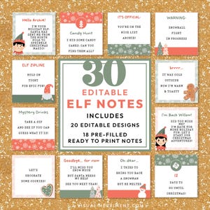 Könnte beinhalten: Eine Sammlung von 30 editierbaren Elfennotizen mit 20 Designs und 18 vorgefüllten Notizen. Die Notizen zeigen festliche Designs mit Feiertagsbotschaften wie "Candy Hunt" und "12 Tage bis Weihnachten!" auf goldenem Glitzerhintergrund.