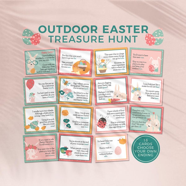 Outdoor Easter Treasure Hunt printable scavenger egg hunt cards for kids | Easter treasure hunt clues + riddle activity INSTANT DOWNLOAD E01