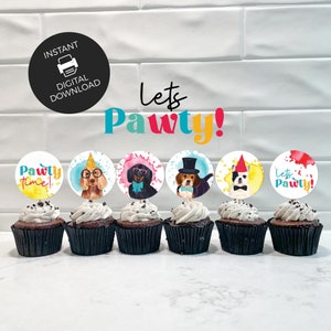 Dog Party Cupcake Toppers, puppy printable cake decor Let's Pawty Birthday boys or girls Animal cookie favor tag, instant download D02 image 2