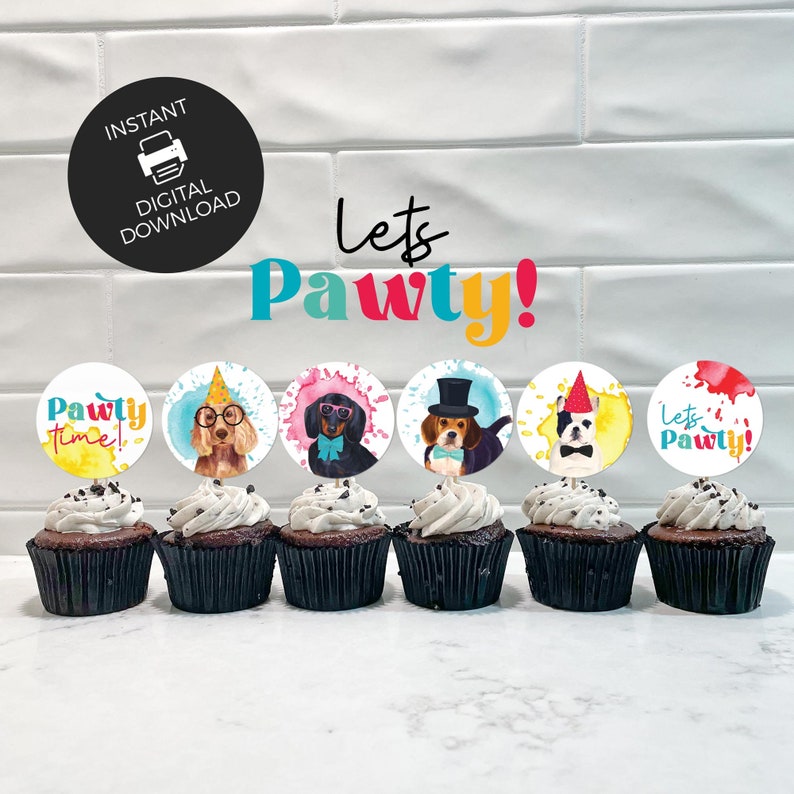 Dog Party Cupcake Toppers, puppy printable cake decor Let's Pawty Birthday boys or girls Animal cookie favor tag, instant download D02 image 2