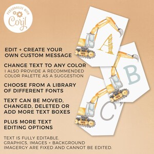 Editable Digger Construction Banner Bunting printable template | Custom sign flags, watercolor excavator party decor, Instant Download C03 image 2