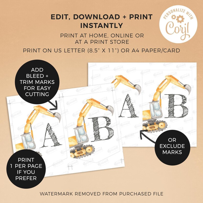 Editable Digger Construction Banner Bunting printable template | Custom sign flags, watercolor excavator party decor, Instant Download C03 image 3