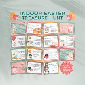 May include: An indoor Easter treasure hunt set featuring 16 rectangular cards with pastel borders, illustrations of bunnies, ladybugs, and flowers, and printed text clues. A circular badge indicates 16 cards and choose your own ending.