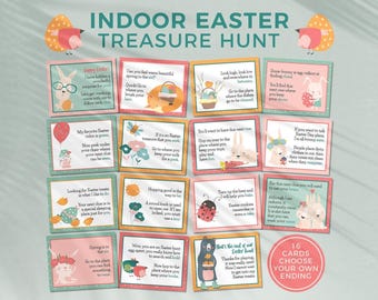 May include: An indoor Easter treasure hunt set featuring 16 rectangular cards with pastel borders, illustrations of bunnies, ladybugs, and flowers, and printed text clues. A circular badge indicates 16 cards and choose your own ending.
