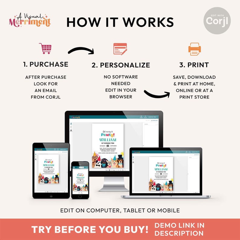 how to create a personalized printable using a computer, tablet, or mobile device including steps from purchase to print