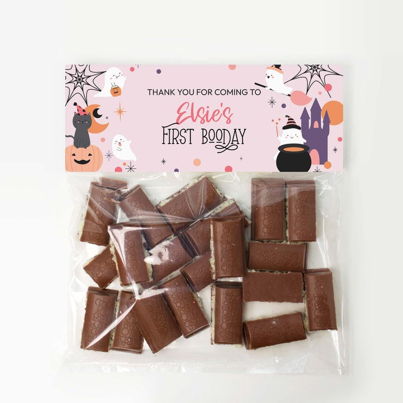 Halloween Favor Bag Topper Cards, editable printable | Pink ghost girl's Halloween Birthday party, trick or treat candy INSTANT DOWNLOAD H04 image 2