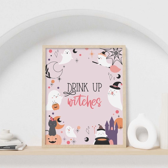 Pink Halloween Ghost printable party sign, Drink up Witches | Girls Halloween Birthday 8x10 table decor, beverage sign INSTANT DOWNLOAD H04 Il_570xn