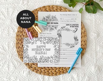 Printable Coloring Grandmother Card + All About Nana bundle | Happy Mother's Day gift, DIY kids classroom activity, INSTANT DOWNLOAD M01