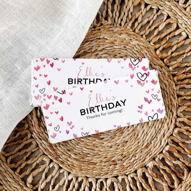 Confetti Hearts Candy Bar Wrapper, editable printable | Girl's Birthday or Valentine's Day chocolate wrap favor DIY INSTANT DOWNLOAD H05 image 1