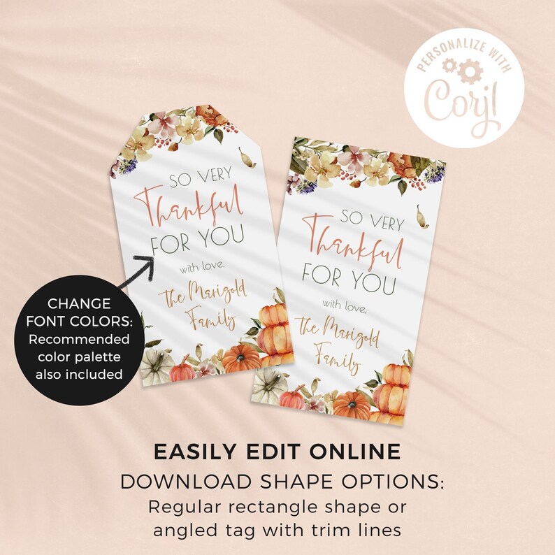 Thankful for You Favor Tag, Thanksgiving editable printable | Farmhouse Fall printable thank you gift tag, DIY template Instant Download F02 Bild 3