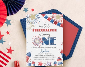 4th of July 1st Birthday Invitation editable template | Our Little Firecracker is One Patriotic Party INSTANT DOWNLOAD A01