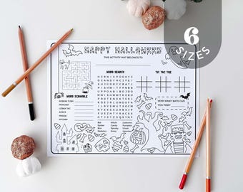 Halloween-aktivitetsmatta för barn, utskrivbara spel och målarunderlägg i 6 storlekar (nedladdning direkt)