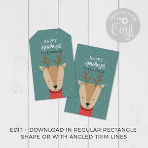 Christmas Gift Tag Printable Deer, editable instant download | Cute animal favor school friend classmate teacher | Custom DIY template W01 image 2