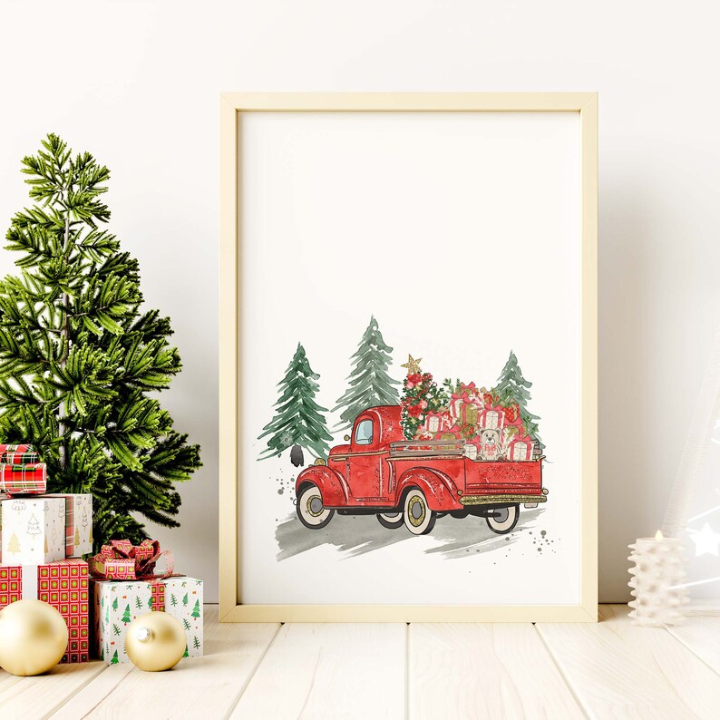 May include: A red vintage pickup truck carrying a Christmas tree and presents in a snowy winter scene. The truck is surrounded by pine trees and has a white background.