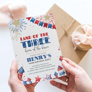 4th of July 3rd Birthday Invitation, Land of the Three editable template | DIY fireworks Independence Day printable INSTANT DOWNLOAD A01 image 2