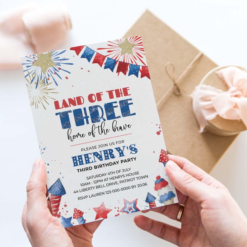 4th of July 3rd Birthday Invitation, Land of the Three editable template | DIY fireworks Independence Day printable INSTANT DOWNLOAD A01 image 2