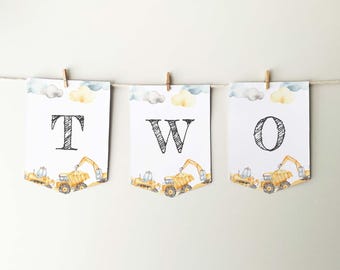 Two Construction Site Banner, printable high chair bunting | Baby boy digger, dump truck party decor, 2nd Birthday sign INSTANT DOWNLOAD C03