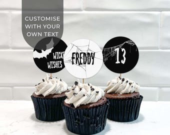 Halloween Cupcake Toppers, editable printable template | Spooky vintage personalized custom cake decor or cookie tag INSTANT DOWNLOAD H06
