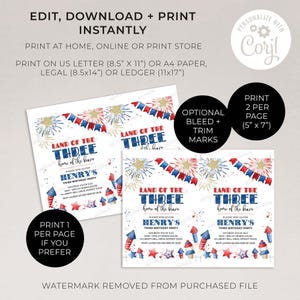 4th of July 3rd Birthday Invitation, Land of the Three editable template | DIY fireworks Independence Day printable INSTANT DOWNLOAD A01 image 3