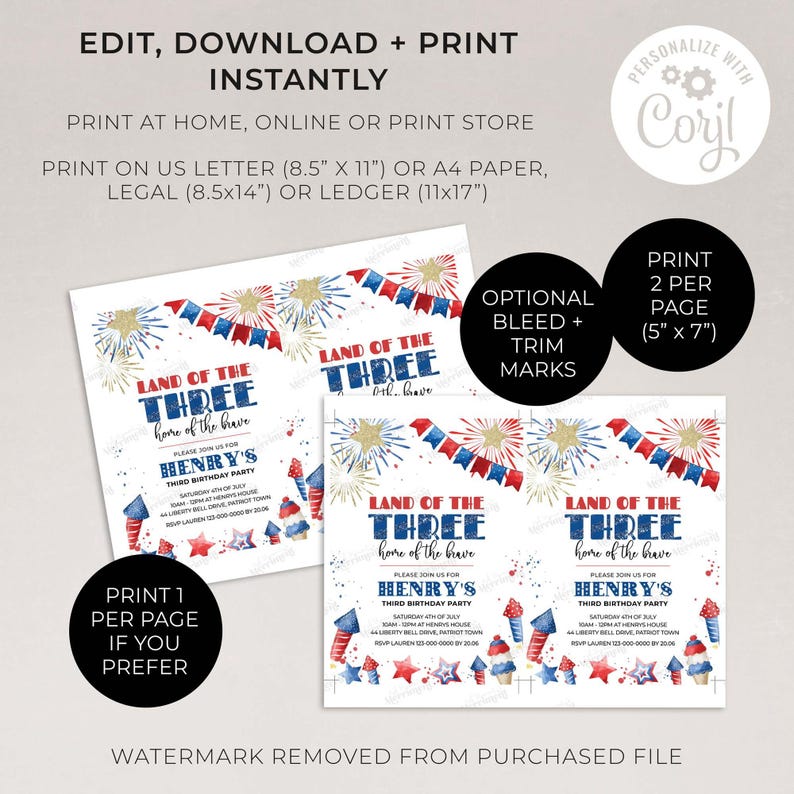 4th of July 3rd Birthday Invitation, Land of the Three editable template | DIY fireworks Independence Day printable INSTANT DOWNLOAD A01 image 3