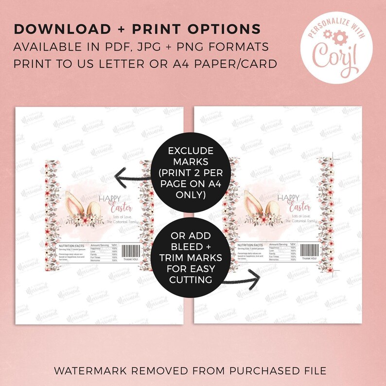 Editable Easter Candy Bar Wrapper, printable chocolate wrap | DIY pink boho flower bunny ears favor label | Instant download template E02 image 4