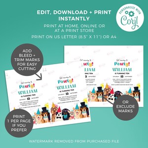 Hunde-Party-Einladung, Welpe Pawty einladen | Geburtstag bearbeitbare druckbare Jungen oder Mädchen | Wasserfarben Tier DIY Template, Sofortdownload D02 Bild 3